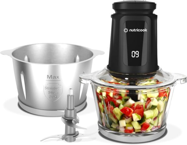 A Meat Mincer & Chopper with stainless steel components and chopped vegetables.
