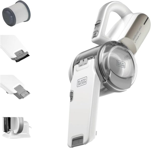 Black and Decker Dustbuster Pivot Lithium 14V cordless handheld vacuum cleaner with washable filter, crevice tool, brush attachment, and charging dock