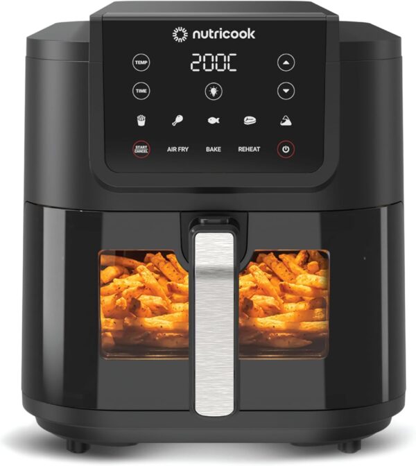 Nutricook air fryer front view with digital temperature control, air fry, bake and reheat functions