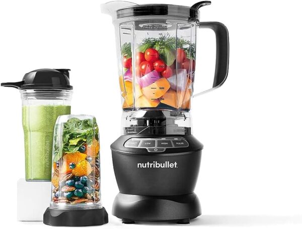 NutriBullet 1000-watt blender with large pitcher and portable cups making smoothies and soups
