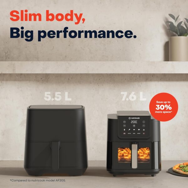 Slim design air fryer with large capacity saving up to 30 percent counter space compared to standard air fryers