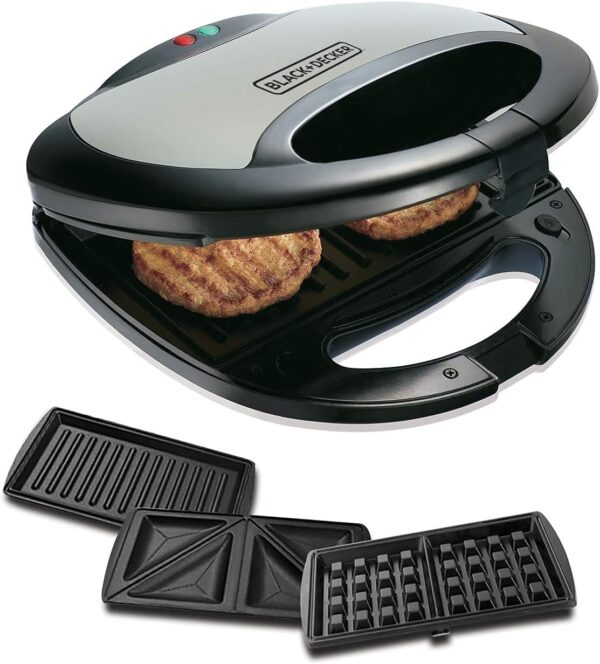 Black Decker grill sandwich maker with removable plates, grilling two patties