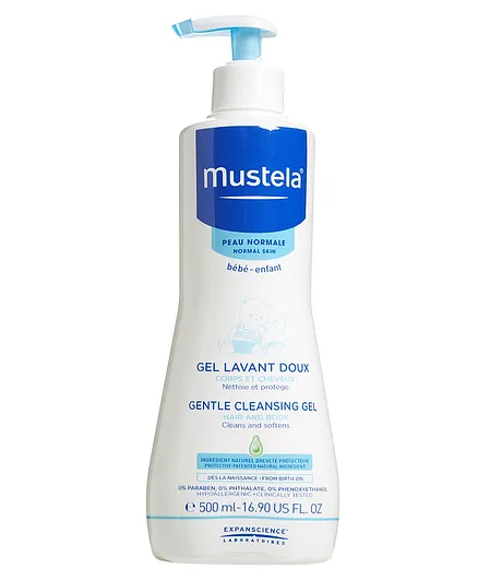 Mustela Gentle Cleansing Gel for Babies – 500ml bottle with pump, perfect for soft and safe baby skin care.