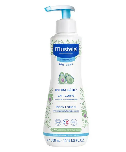Mustela Hydra Bebe Body Lotion for Babies – 300ml pump bottle with organically farmed avocado, ideal for moisturizing and protecting baby skin.